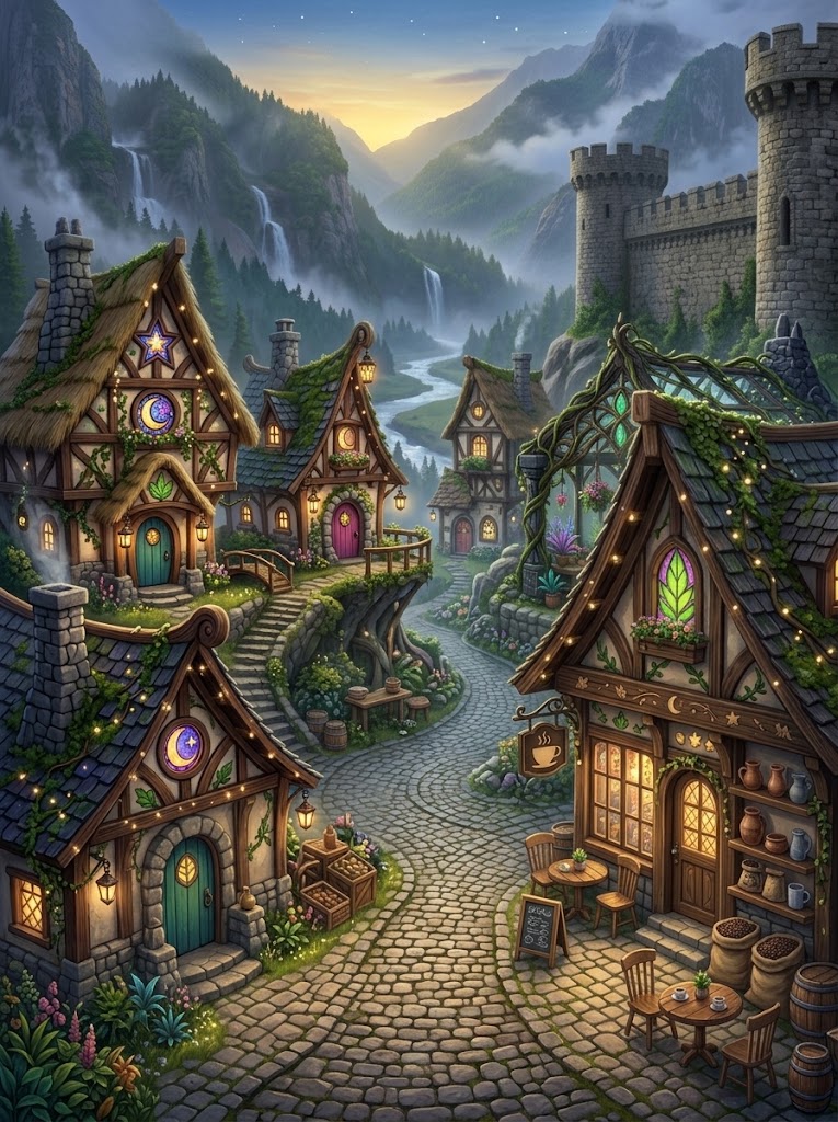 A lantern-lit storybook village at dusk